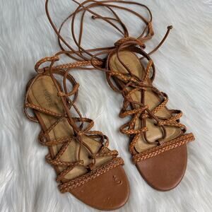 Anacapri Tan Braided Leather Ankle Wrap Gladiator Sandals